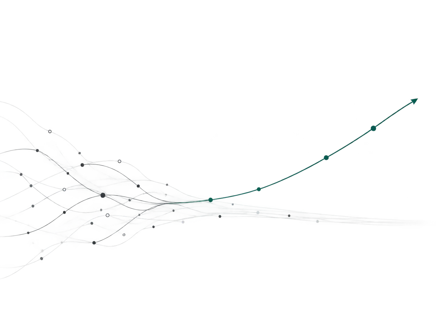 Abstract illustration showing one teal path breaking away from a crowded field of pathways and moving forward with momentum.